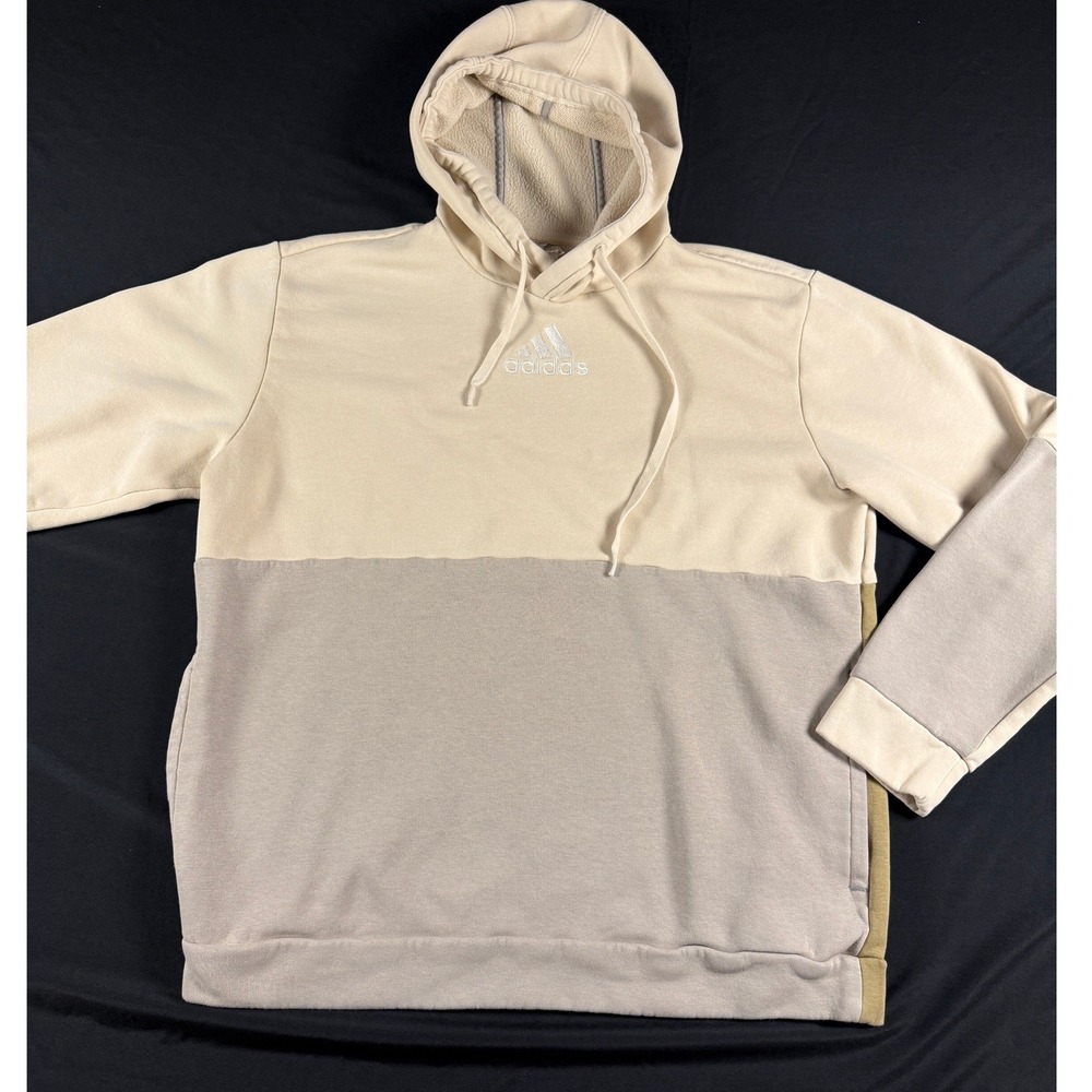 Adidas Mens Colorblock Hoodie Cream Tan Grey Fleece Pullover Large Center Logo